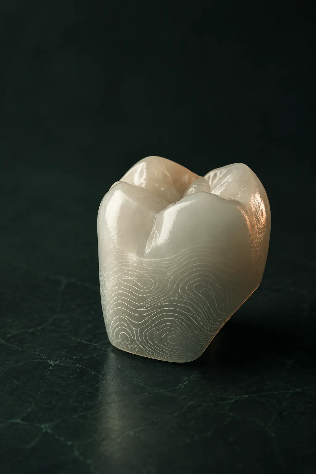 Estudo visual conceitual de uma peça dental em cerâmica com linhas topográficas